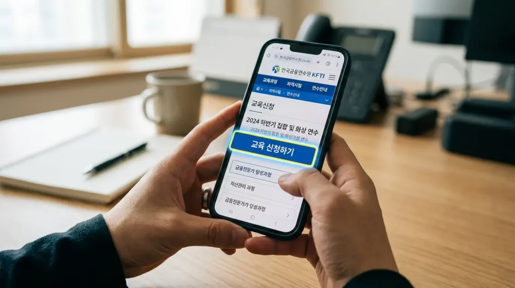 금융투자교육원 웹사이트에서 단일종목 심화교육을 신청하는 스마트폰 화면.