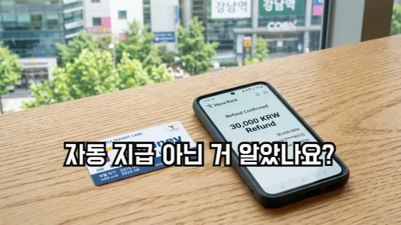 서울시 기후동행카드 환급금 신청을 위한 교통카드와 스마트폰 화면의 모습